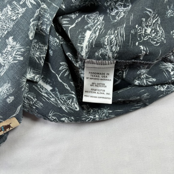 Western Aloha Shirt Mens Medium Gray Pearl Snap Up Cowboy Long Sleeve Island - Picture 8 of 10
